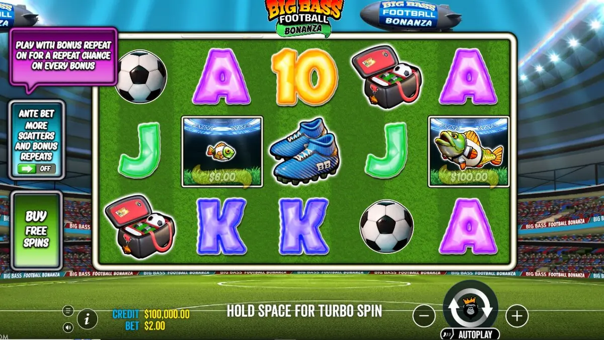 Tampilan visual slot Big Bass Football Bonanza dengan elemen sepak bola dan memancing