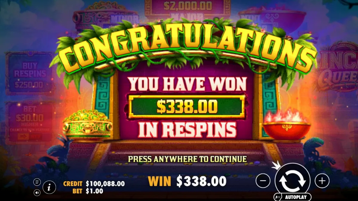 Inca Queen slot game interface featuring ancient Incan temple background