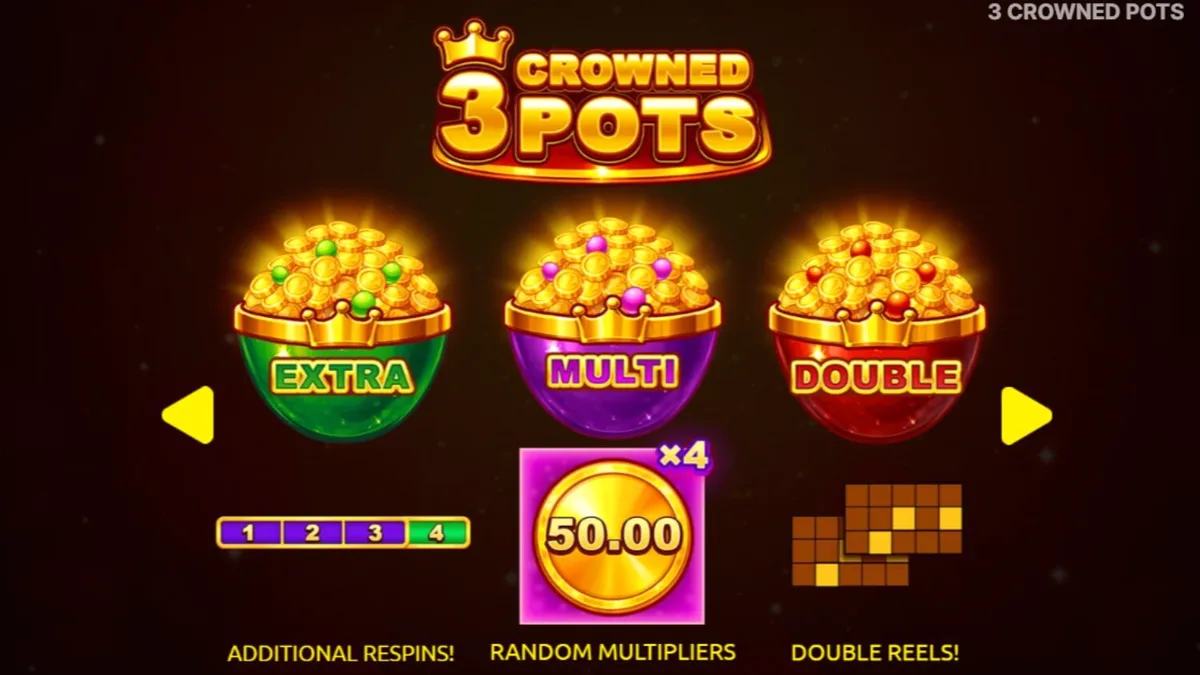 Tampilan visual mesin slot 3 Crowned Pots dengan simbol buah dan pot emas