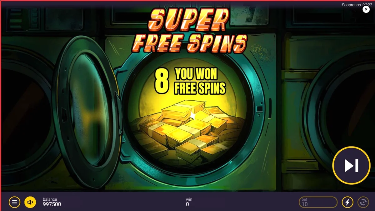 Tampilan antarmuka seluler slot The Soapranos dengan tema laundromat mafia
